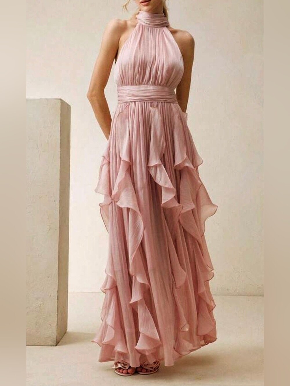 New Luxe Metallic Crinkle Halter Ruffle Maxi Dress Pink
